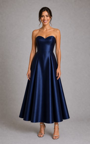 Dark Navy Strapless Sweetheart Satin Tea-Length A-Line Dress