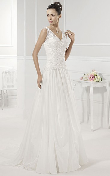 V Neck Appliqued Bodice A-Line Pleated Bridal Gown With Drop Waist