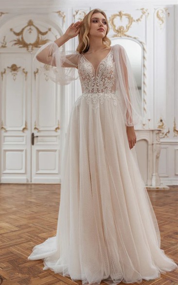 Ethereal Long Sleeve Illusion Empire A-line Lace Pleated Wedding Dress