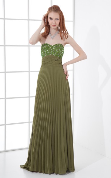 Sweetheart Floor-Length Pleated Dress With Gemmed Top