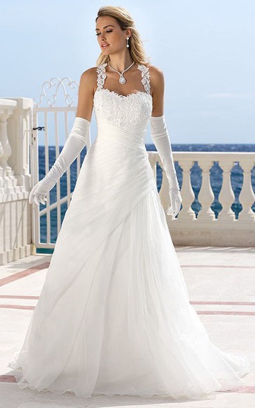 Halter Maxi Appliqued Tulle Wedding Dress With Draping And Keyhole