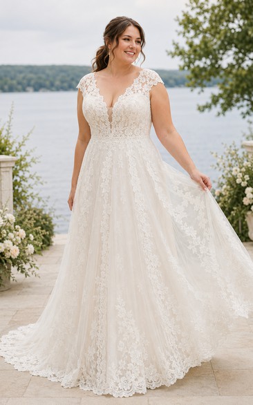 Robe de mariée grande taille en dentelle, col en V, coupe trapèze, bretelles et traîne chapelle
