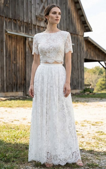 Jewel Neck T-Shirt Sleeve Lace Wedding Dress