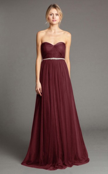 Floor-Length Sweetheart Ruched Tulle Bridesmaid Dress With Waist Jewellery