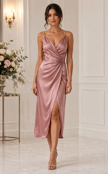 Dusty Rose Satin V-neck Tea-Length Sheath Dress with Slit
