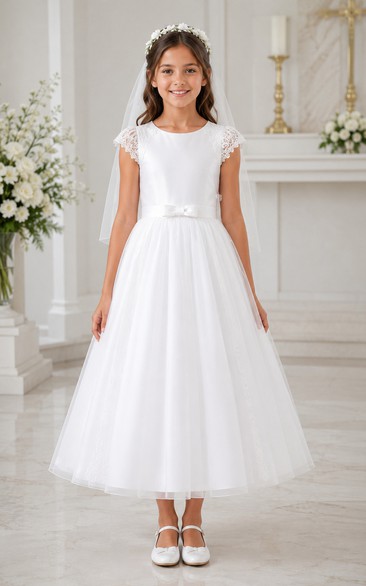 White Tea-Length A-Line Tulle Flower Girl Dress with Floral Details, Bow Sash