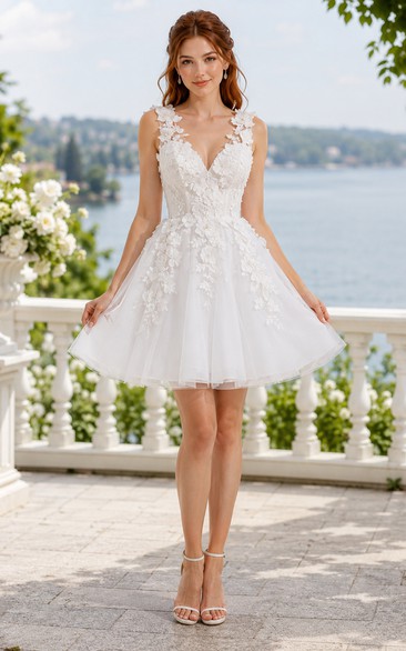 V-Neck Tulle A-Line Mini Wedding Dress with Floral Applique Straps