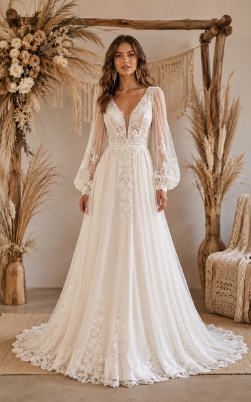 Boho A-Line Wedding Dress Long Sleeve V-Neck Tulle Lace Applique Floor Length Chapel Train Ivory