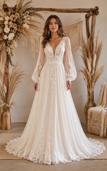 Boho A-Line Wedding Dress Long Sleeve V-Neck Tulle Lace Applique Floor Length Chapel Train Ivory