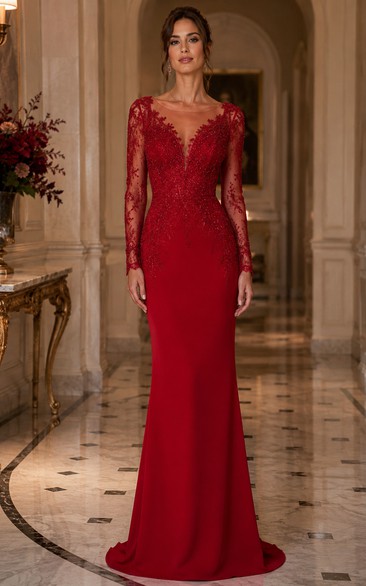 Mermaid V-Neck Long Sleeve Lace Prom Dress with Lace