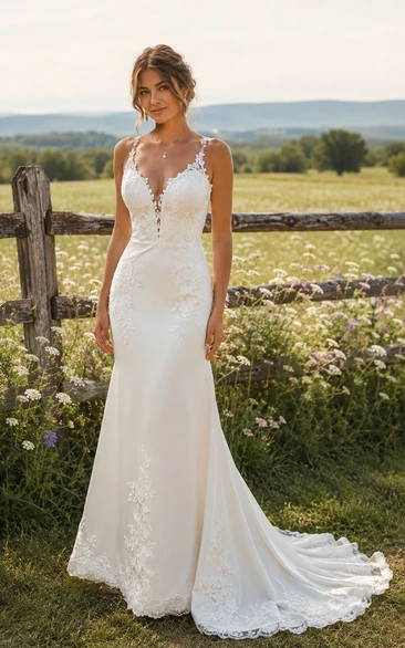 V-Neck Sheath Country Wedding Dress with Lace Back Detail and Train