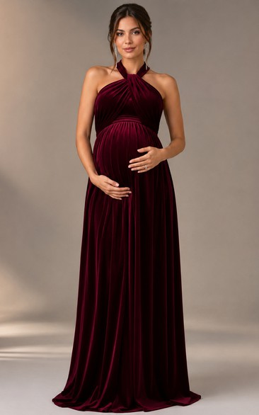 Maternity A-Line Maternity Dress with Halter, Sleeveless and Pleats, Floor Length