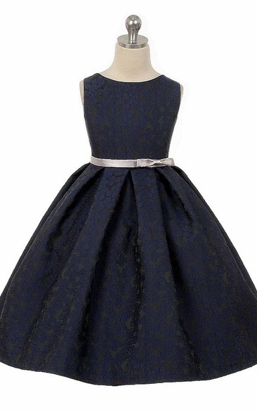 Tea-Length Tiered Pleated Satin Flower Girl Dress