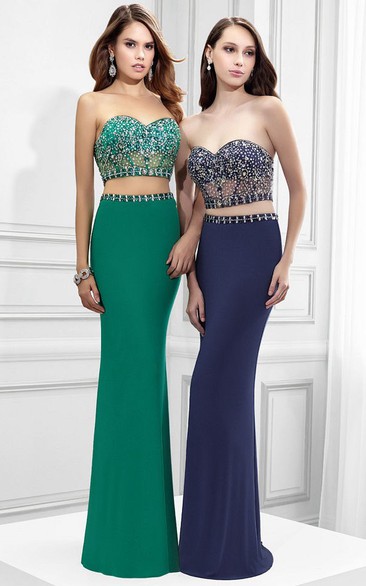 Sheath Sleeveless Sweetheart Beaded Jersey Prom Dress With Lace-Up Back