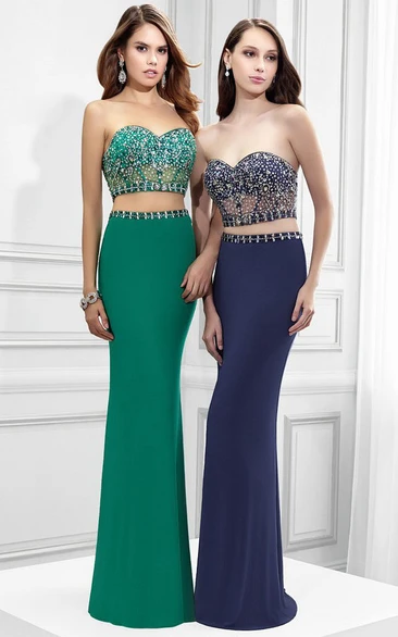 Sheath Sleeveless Sweetheart Beaded Jersey Prom Dress With Lace-Up Back