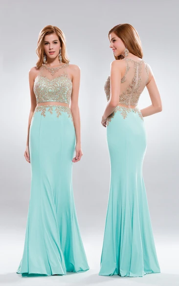 Two-Piece Sheath Long Scoop-Neck Sleeveless Jersey Illusion Dress With Appliques