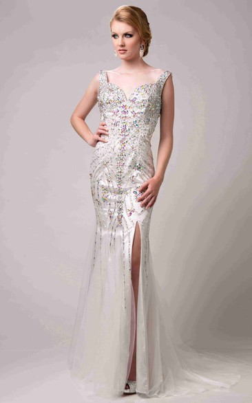 Column Side Slit Tulle Prom Dress With Polychrome Rhinestones
