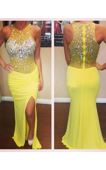 Mermaid Scoop Chiffon Sleeveless Crystal Sweep Train Dresses