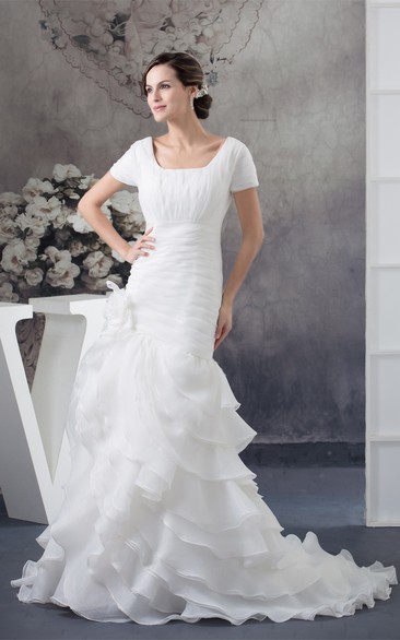 Square-Neck Ruched Mini-Sleeve Tiers and Gown With Flower