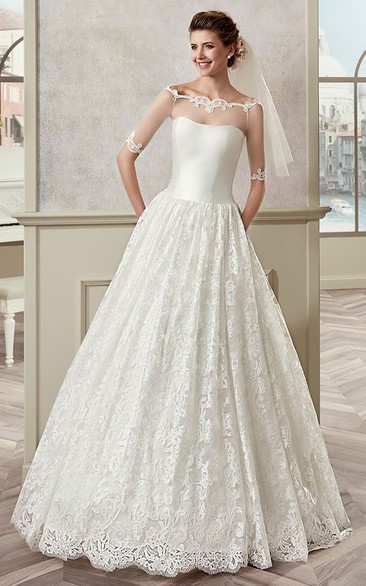 Half-Sleeve A-Line Bridal Gown With Off Shoulder And Illusive Design