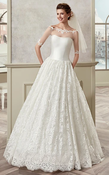 Half-Sleeve A-Line Bridal Gown With Off Shoulder And Illusive Design