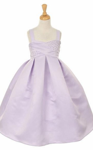 Tea-Length Beaded Sleeveless Satin Flower Girl Dress