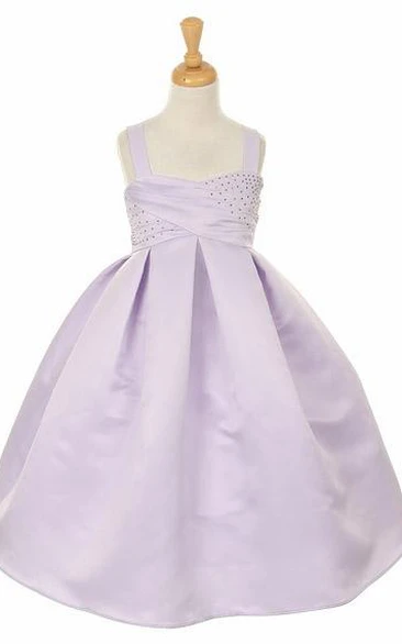 Tea-Length Beaded Sleeveless Satin Flower Girl Dress