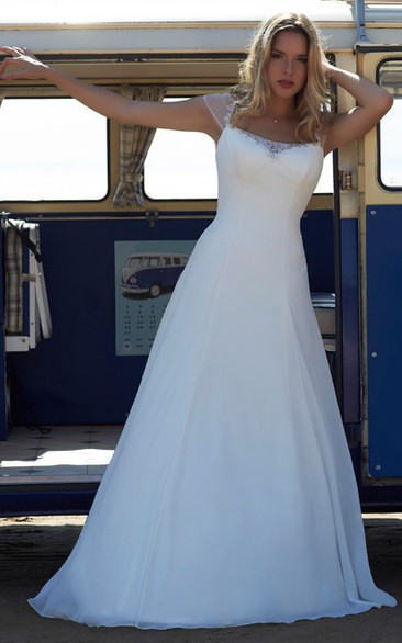A-Line Cap-Sleeve Chiffon Wedding Dress With Beading And Illusion