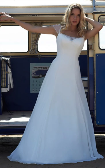 A-Line Cap-Sleeve Chiffon Wedding Dress With Beading And Illusion