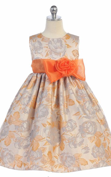 Tea-Length Floral Bowed Floral Organza&Satin Flower Girl Dress With Sash