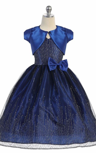 Split Tea-Length Bowed Split-Front Tulle&Taffeta Flower Girl Dress With Sash