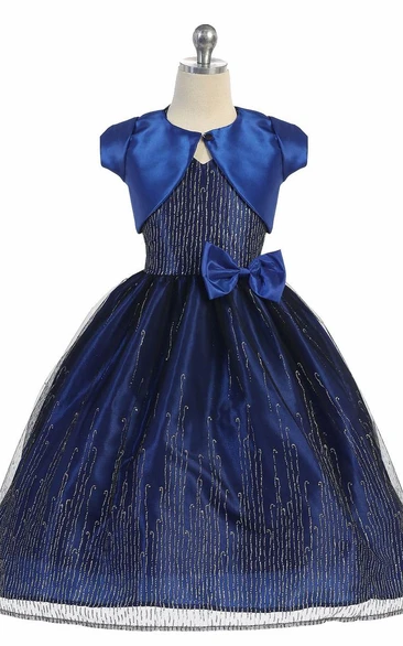 Split Tea-Length Bowed Split-Front Tulle&Taffeta Flower Girl Dress With Sash