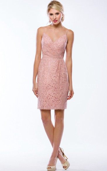 Sleeveless Short Lace Sheath Bridesmaid Dress With Spaghetti Straps