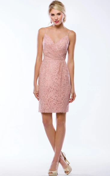Sleeveless Short Lace Sheath Bridesmaid Dress With Spaghetti Straps