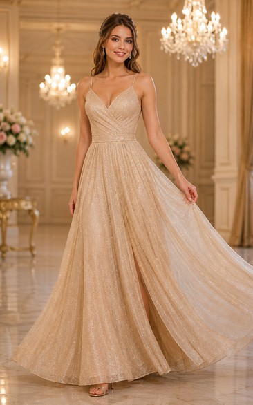 Robe de bal grande taille en tulle champagne pailleté, coupe trapèze, col en V et dos croisé