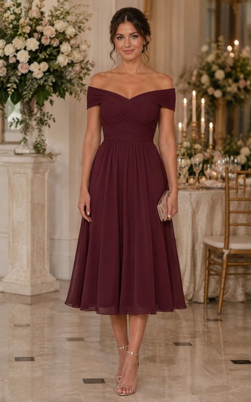 Burgundy Off-the-shoulder Tea-length Chiffon Dress