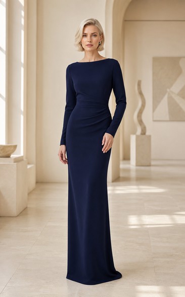 Dark Navy Long Sleeve Bateau Neck Sheath Mother of the Bride Dress with Simple Floor-Length Skirt