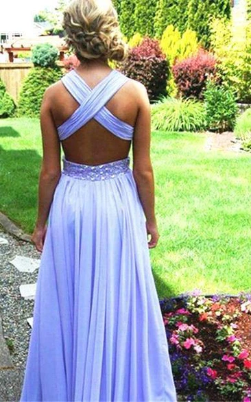 Elegant Criss-cross Long Chiffon Prom Dresses With Beadings Bridesmaid Dresses