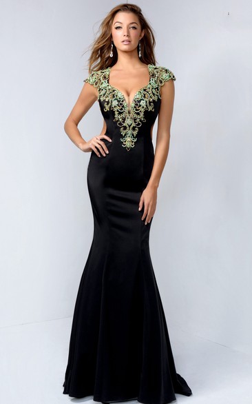 Sheath Floor-Length Cap-Sleeve Satin Backless Dress With Beading