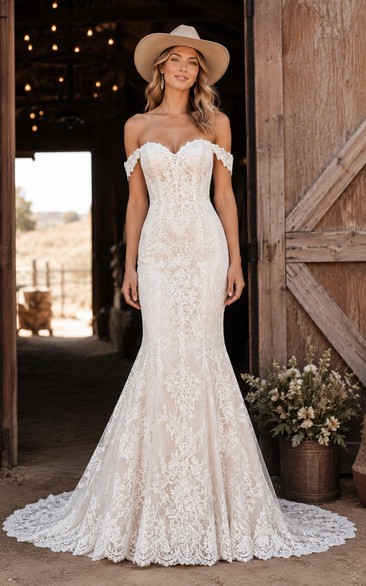 Off-the-Shoulder Mermaid Lace Country Wedding Dress with Scalloped Train