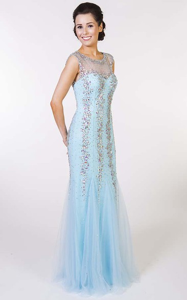 Sheath Floor-Length Scoop-Neck Beaded Sleeveless Tulle Prom Dress