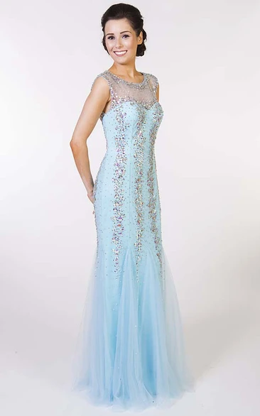 Sheath Floor-Length Scoop-Neck Beaded Sleeveless Tulle Prom Dress