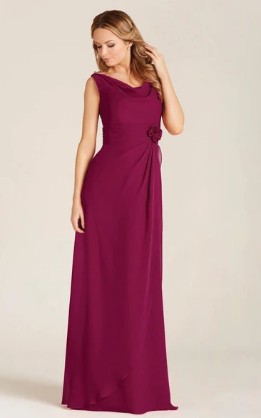 Cowl-Neck Sleeveless Draped Floor-Length Chiffon Bridesmaid Dress With Flower And Zipper
