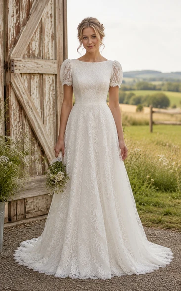 Bateau Cap Sleeve A-Line Lace Country Wedding Dress with Sweep Train