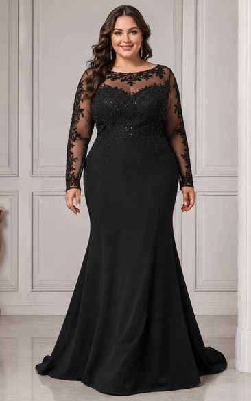 Plus Size Mermaid Lace Plus Size Evening Dress with Bateau, Long Sleeve and Lace Beading, Floor Length