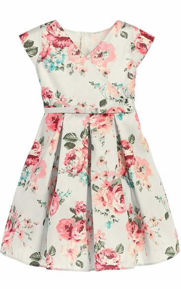 Short Pleated Floral Lace Flower Girl Dress With Sash