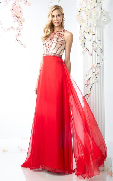 A-Line Jewel-Neck Sleeveless Chiffon Illusion Dress With Beading