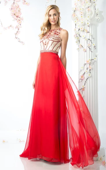 A-Line Jewel-Neck Sleeveless Chiffon Illusion Dress With Beading