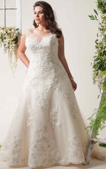 A-Line Sleeveless Floor-Length Scoop-Neck Lace Plus Size Wedding Dress With Appliques And Illusion