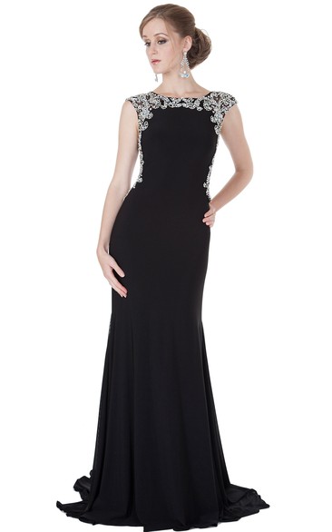 Scoop Neck Cap Sleeve Beaded Chiffon Evening Dress With Brush Train